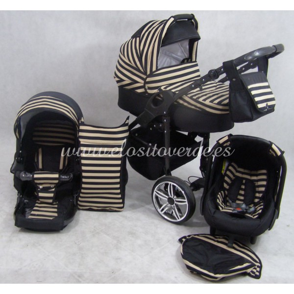 Carro de bebé Milano 3 piezas Rayas Negras y Camel