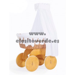 Moisés madera cuna mimbre textil entrelazado blanco premium