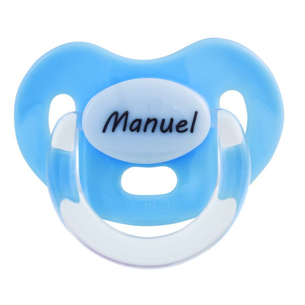 Chupete azul con nombre personalizado