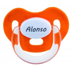 Chupete naranja con nombre personalizado