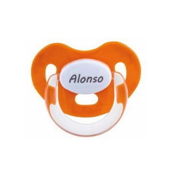Chupete naranja con nombre personalizado