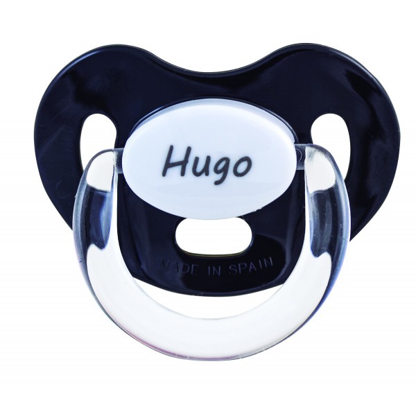 Chupete negro con nombre personalizado