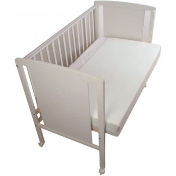 Kit Cuna Osito Dormilón 60x120 + COLCHÓN + Edredón/Protector + Correas Colecho | Lateral Abatible, Lacada Blanca