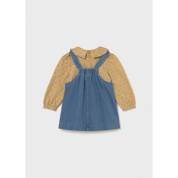 Conjunto de Vestido Peto Vaquero y Blusa Estampada Ocre Marrón 6 meses - 4 años