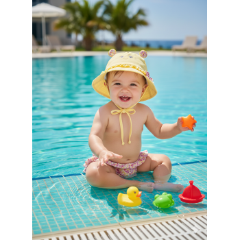 Gorro + Pañal bañador Reutilizable Flores Amarillo | UPF 40 1-2 a 18 Meses