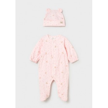 Traje Enterizo de Algodón con Gorrito: Estampado Gatitos y Flores Rosas - 0 a 4 meses