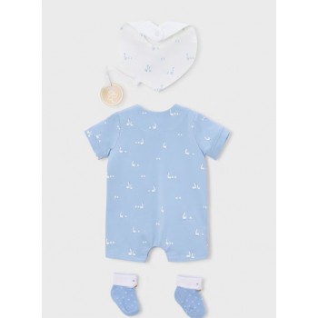 Pelele Enterizo Bebé Colección Ocas Azul | Manga Manopla, Gorro y Babero Impermeable Talla 00 a 4 meses