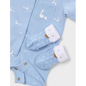 Conjunto Bebé Mayoral Colección Ocas Celeste | Pelele, Calcetines y Babero Chupetero