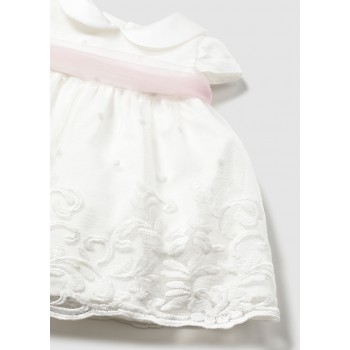 Vestido de Ceremonia Niña con Tul Bordado Floral y Fajín Rosa | Tallas 4 a 18 Meses