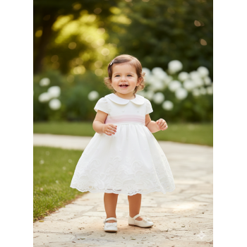 Vestido de Ceremonia Niña con Tul Bordado Floral y Fajín Rosa | Tallas 4 a 18 Meses