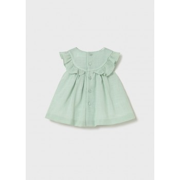 Vestido de Lino Bebé Niña Verde Agua - Detalles de Volantes y Goma 1 a 18 meses