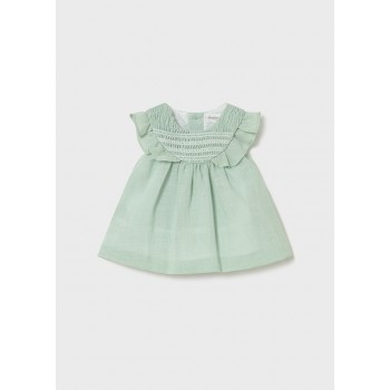 Vestido de Lino Bebé Niña Verde Agua - Detalles de Volantes y Goma 1 a 18 meses