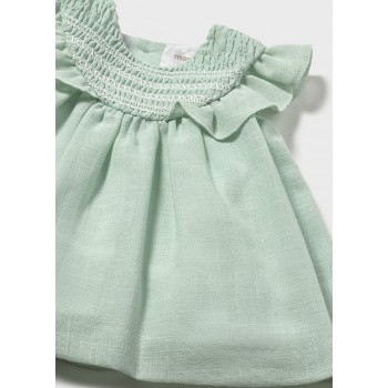 Vestido de Lino Bebé Niña Verde Agua - Detalles de Volantes y Goma 1 a 18 meses