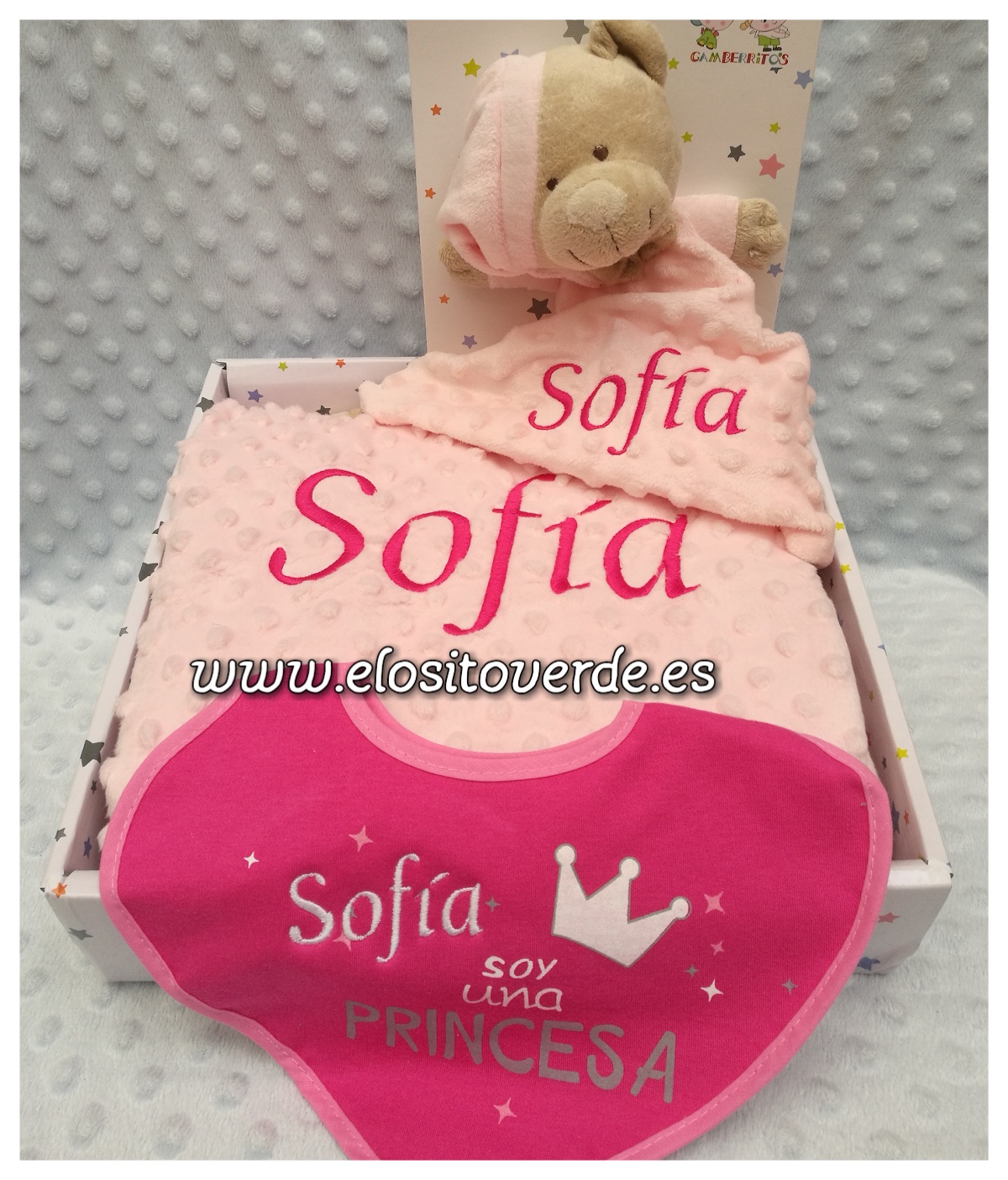 Doudou bebé personalizado gris y rosa osita - Begoa